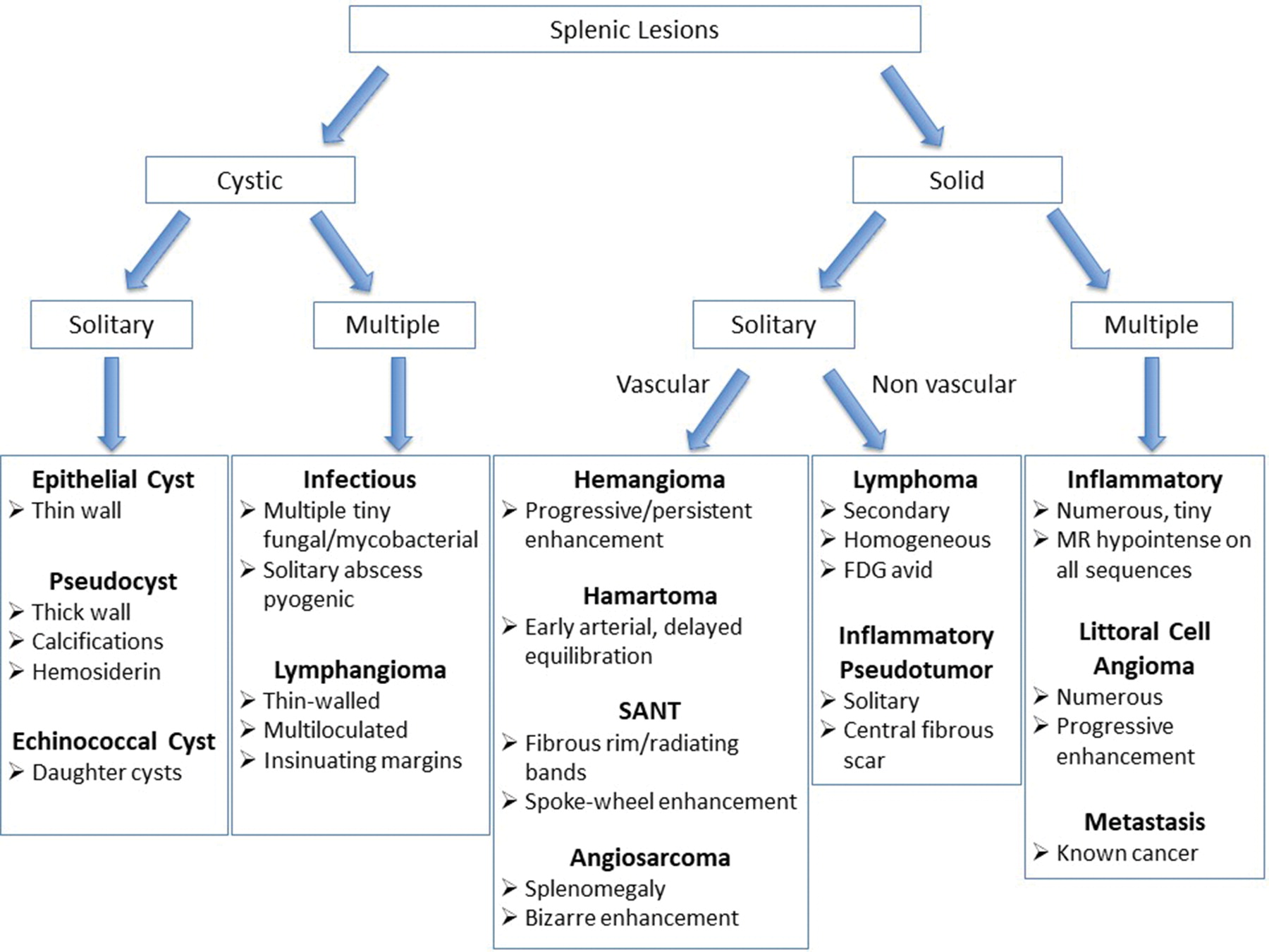 Splenic lesion imaging pattern differential
